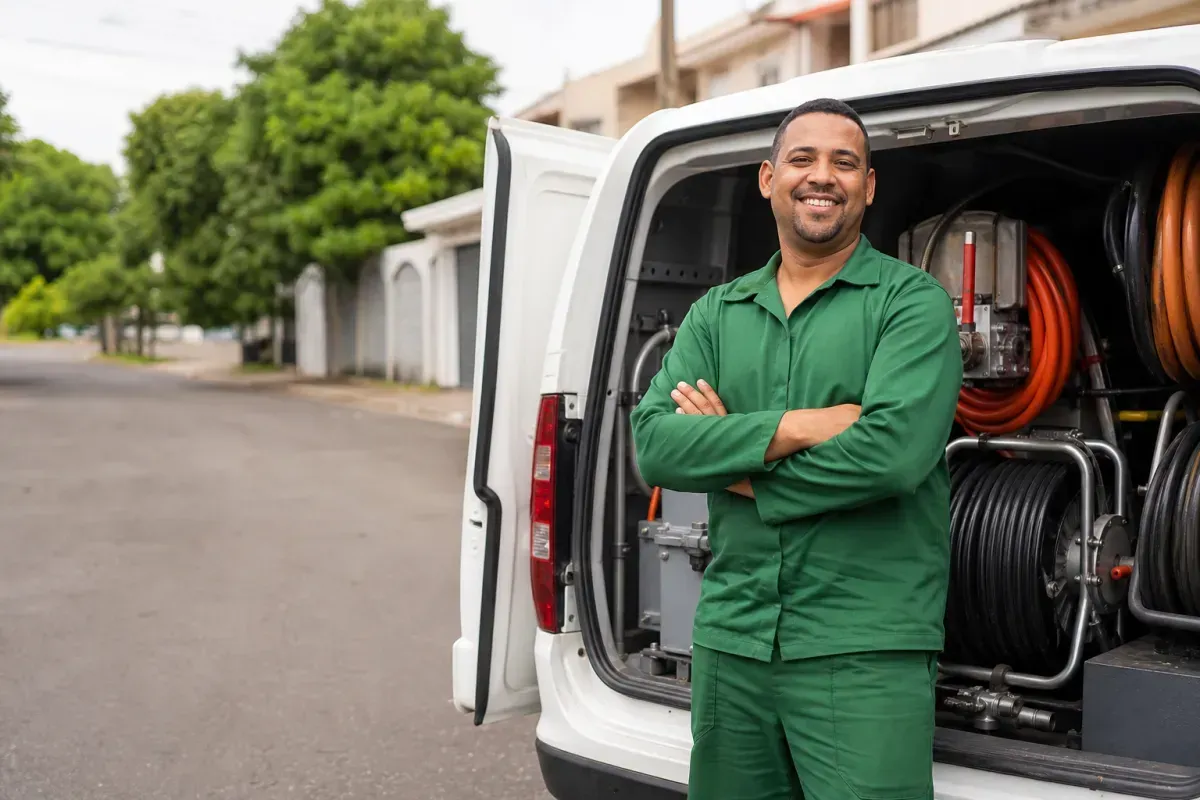 Desentupidora Santana — técnico ao lado da van de serviço